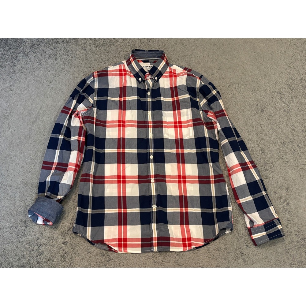 Express Soft Wash Mens Medium Plaid Button Up Shirt Navy Red White Cotton